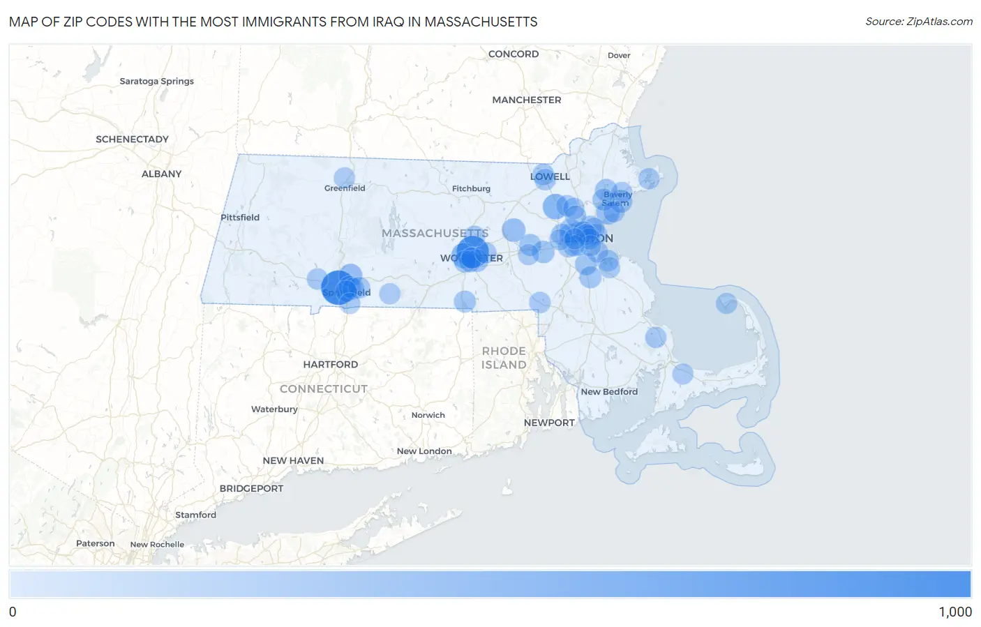 Zip Codes with the Most Immigrants from Iraq in Massachusetts Map