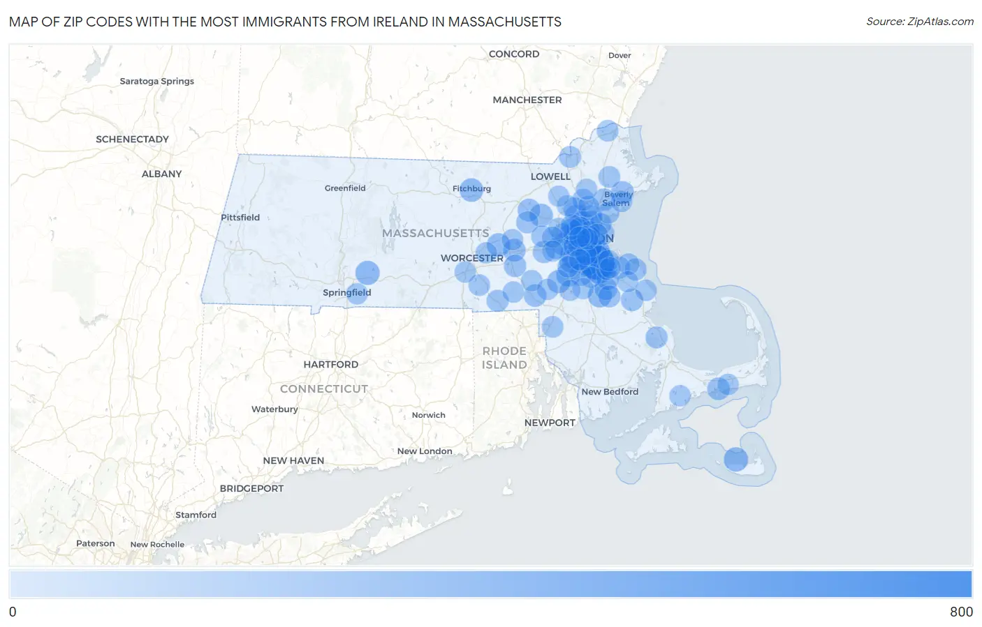 Zip Codes with the Most Immigrants from Ireland in Massachusetts Map