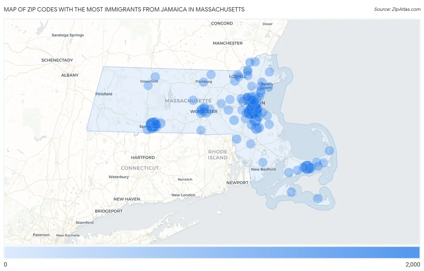 Zip Codes with the Most Immigrants from Jamaica in Massachusetts Map