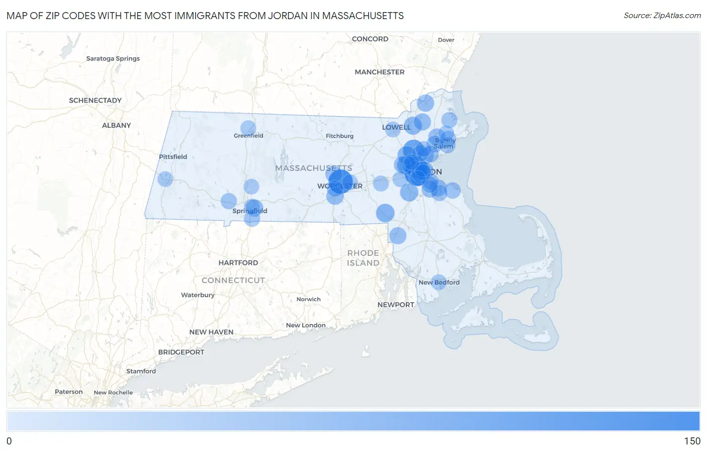 Zip Codes with the Most Immigrants from Jordan in Massachusetts Map