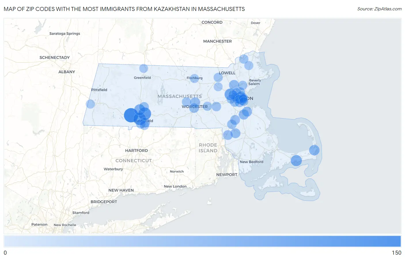 Zip Codes with the Most Immigrants from Kazakhstan in Massachusetts Map