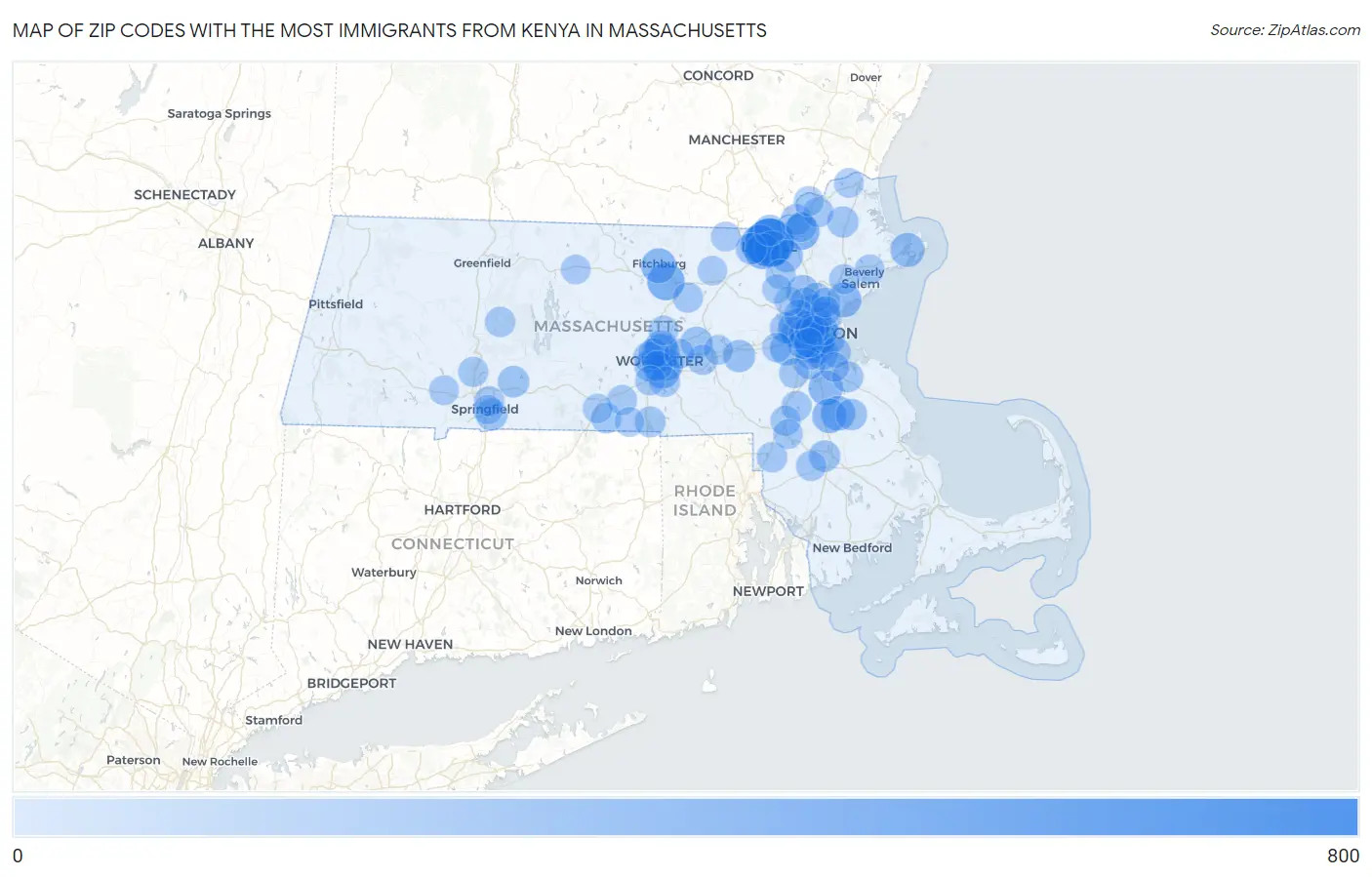 Zip Codes with the Most Immigrants from Kenya in Massachusetts Map