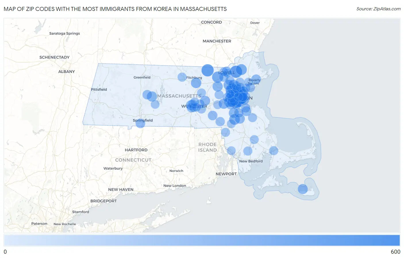 Zip Codes with the Most Immigrants from Korea in Massachusetts Map