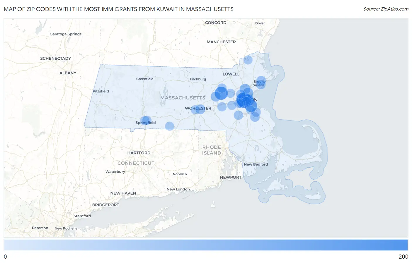 Zip Codes with the Most Immigrants from Kuwait in Massachusetts Map