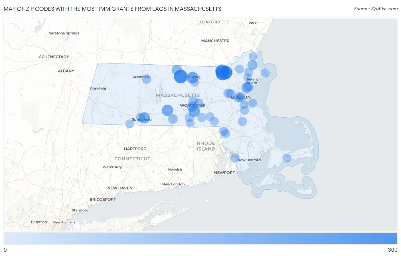 Zip Codes with the Most Immigrants from Laos in Massachusetts Map