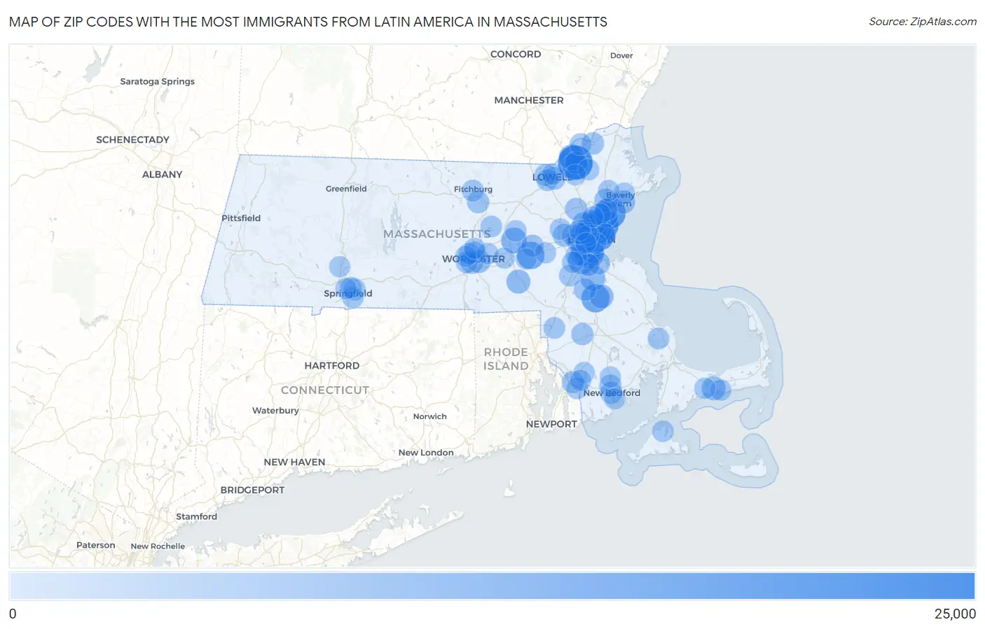Zip Codes with the Most Immigrants from Latin America in Massachusetts Map