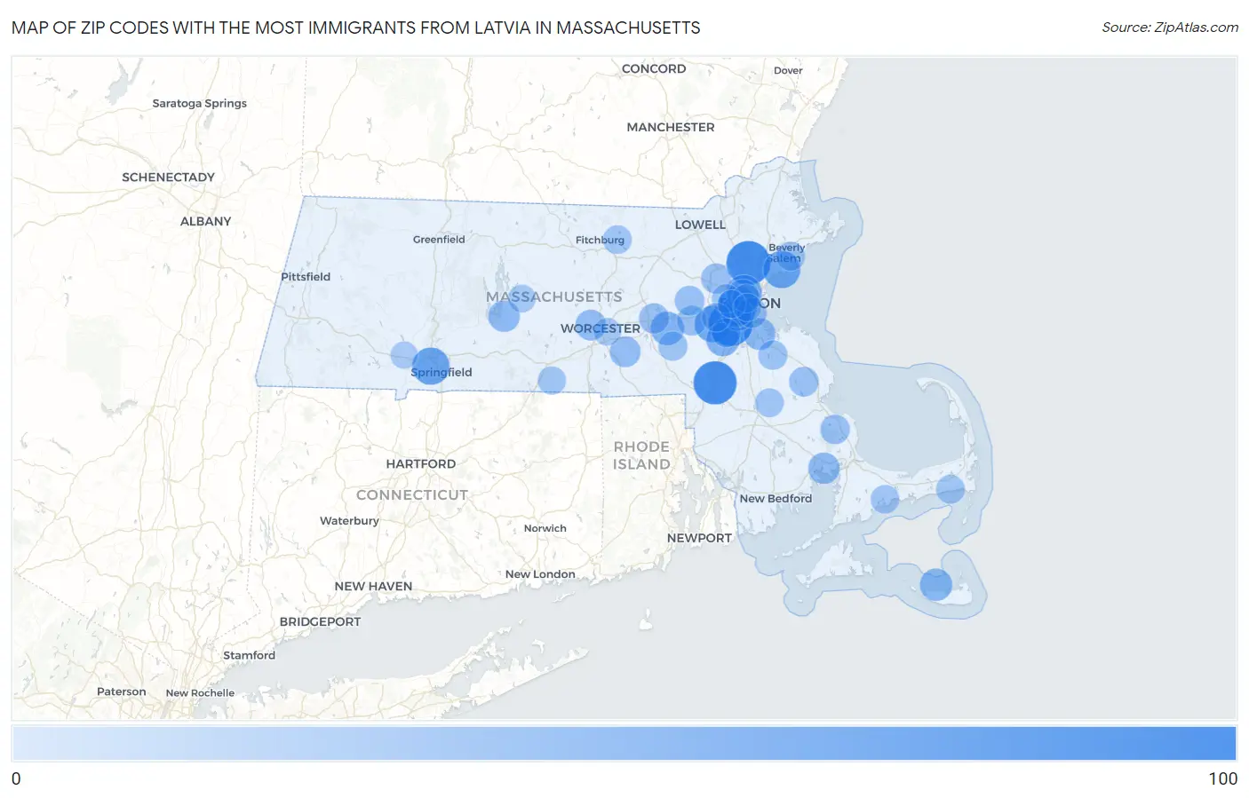 Zip Codes with the Most Immigrants from Latvia in Massachusetts Map