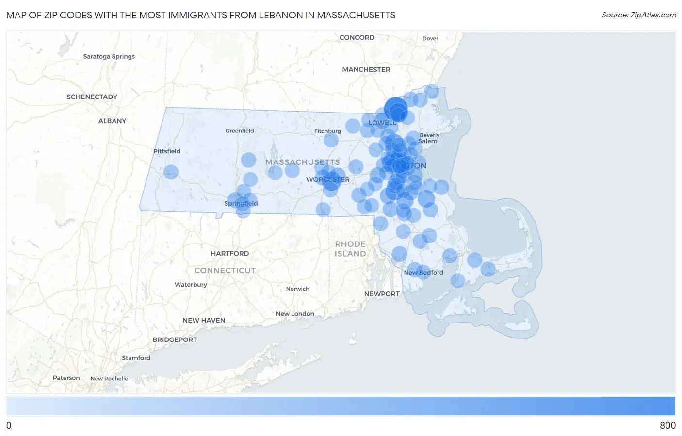 Zip Codes with the Most Immigrants from Lebanon in Massachusetts Map