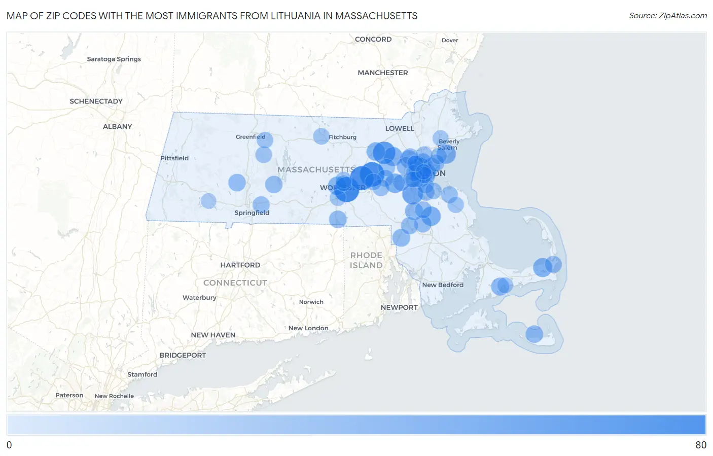 Zip Codes with the Most Immigrants from Lithuania in Massachusetts Map