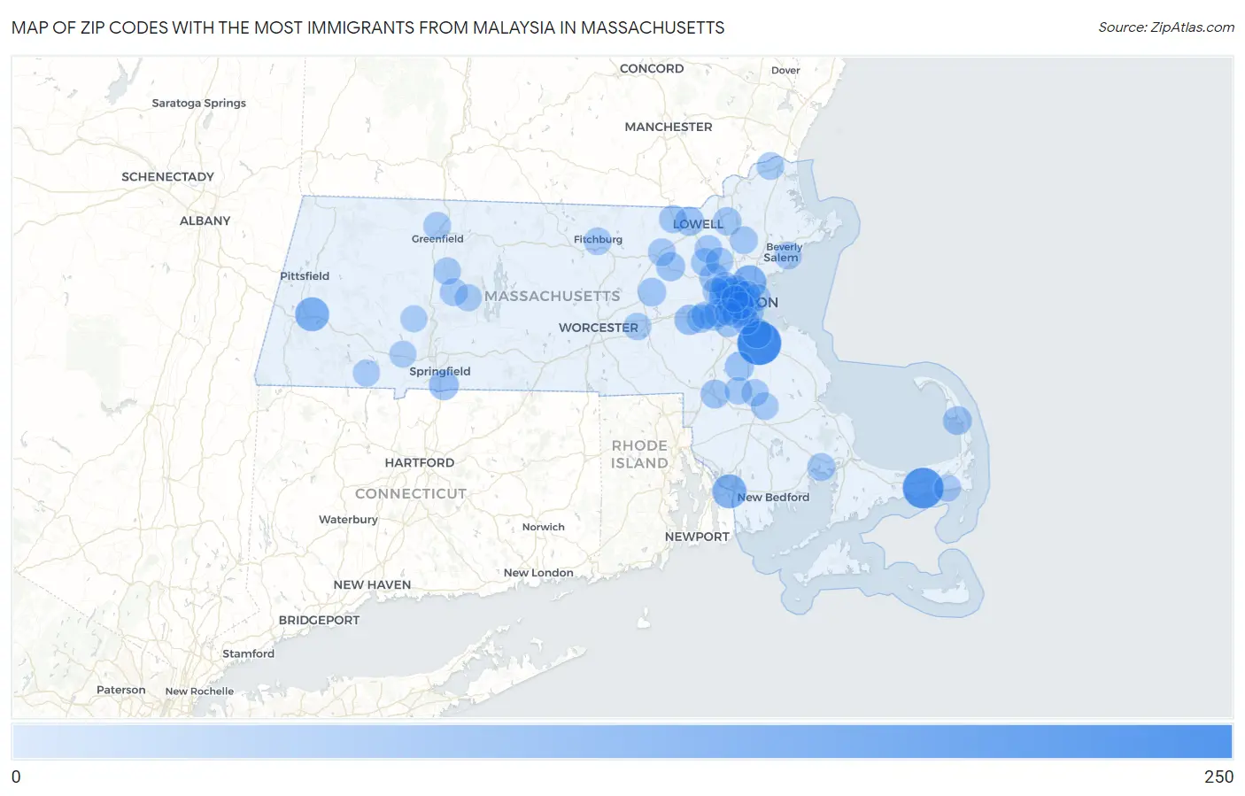 Zip Codes with the Most Immigrants from Malaysia in Massachusetts Map