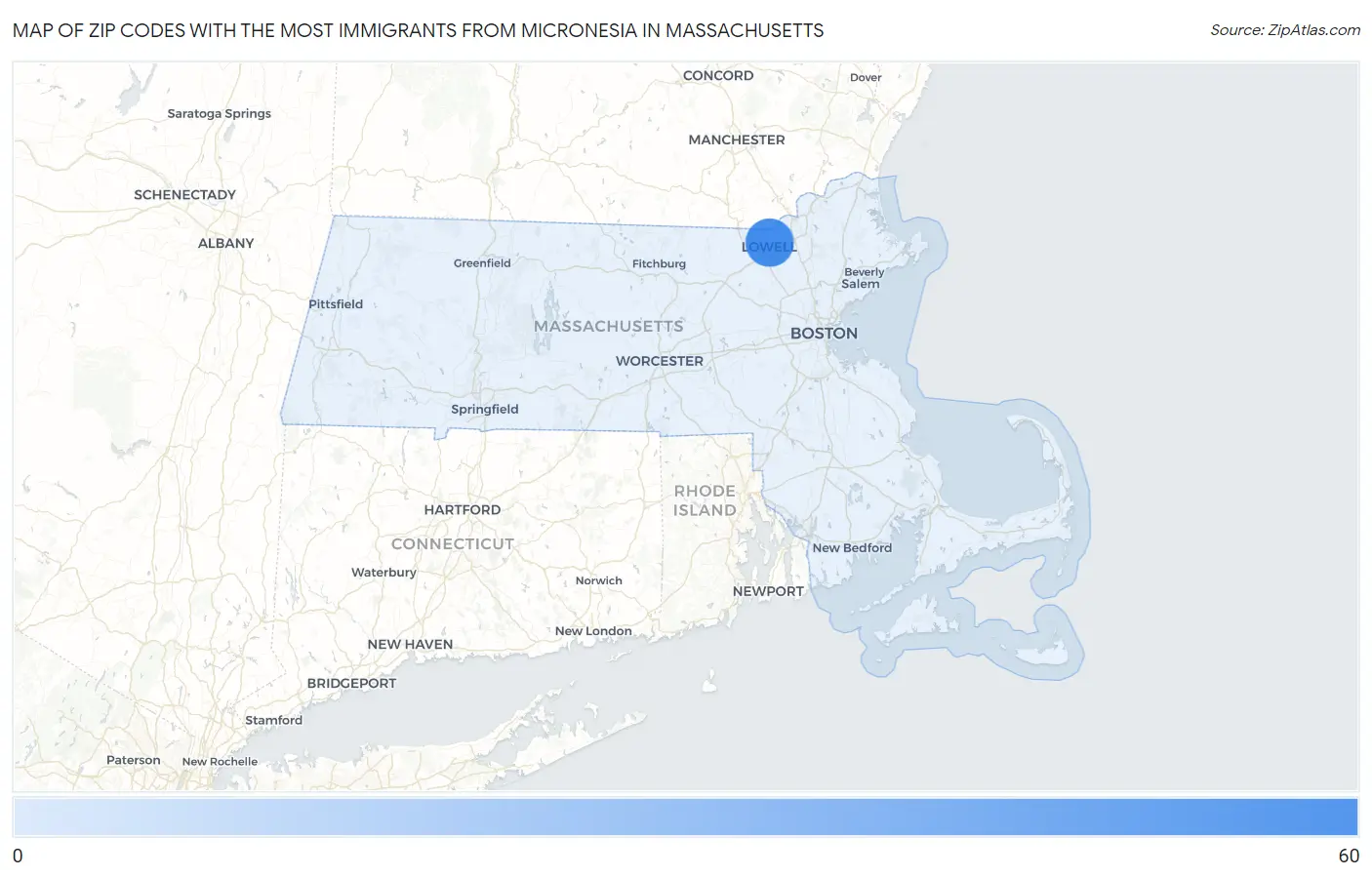 Zip Codes with the Most Immigrants from Micronesia in Massachusetts Map