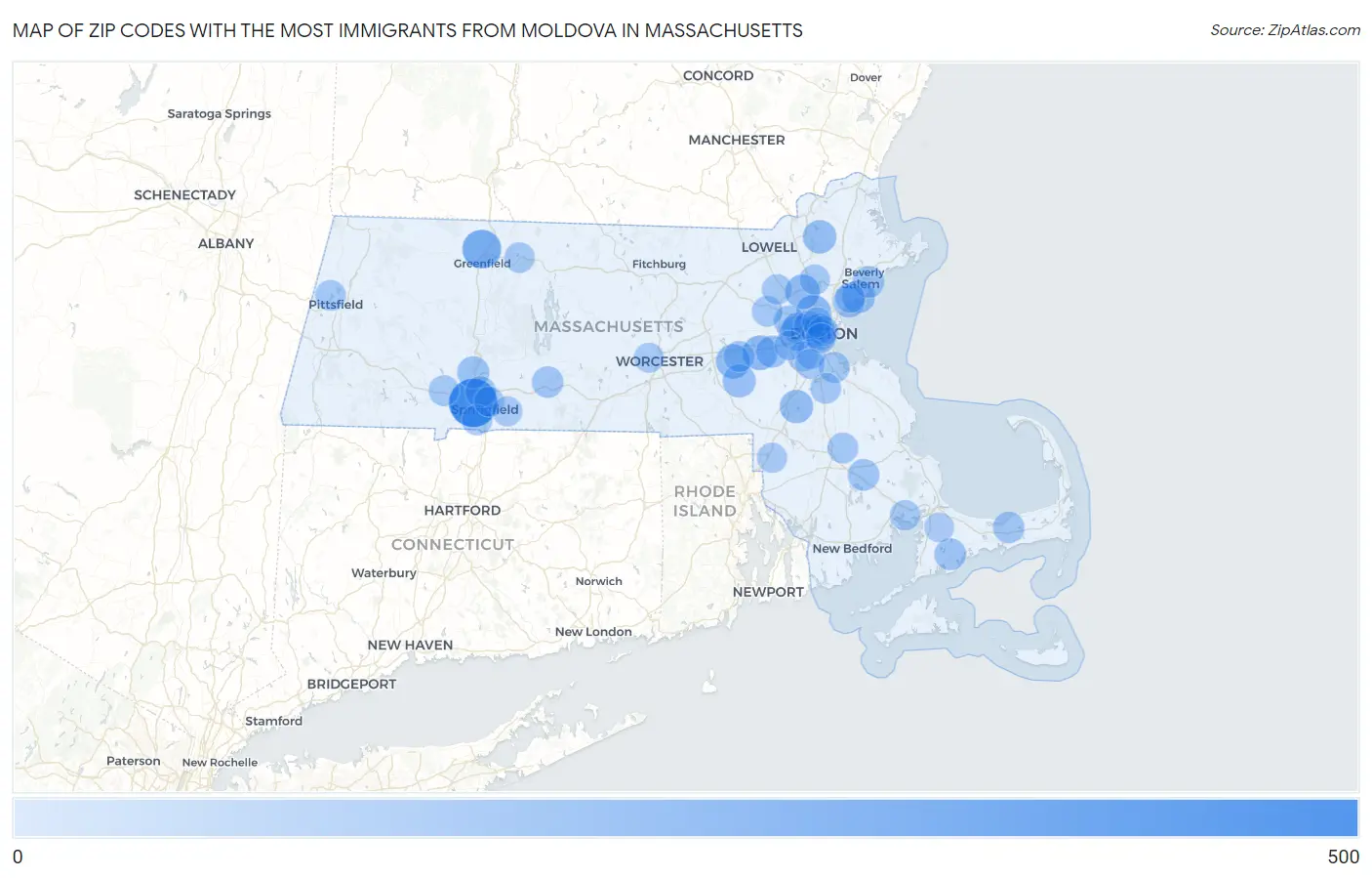 Zip Codes with the Most Immigrants from Moldova in Massachusetts Map