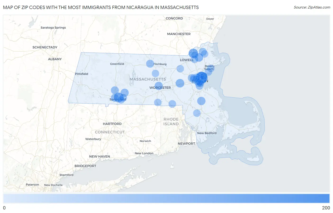 Zip Codes with the Most Immigrants from Nicaragua in Massachusetts Map