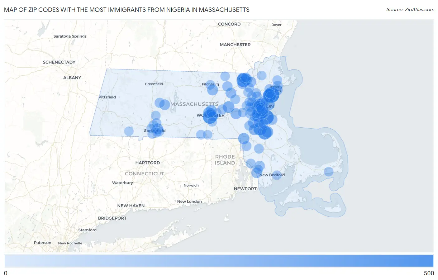 Zip Codes with the Most Immigrants from Nigeria in Massachusetts Map