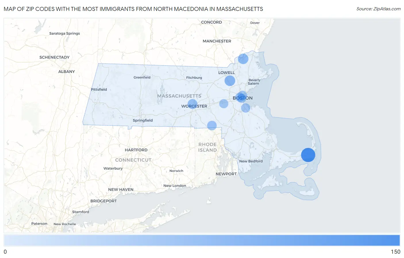 Zip Codes with the Most Immigrants from North Macedonia in Massachusetts Map
