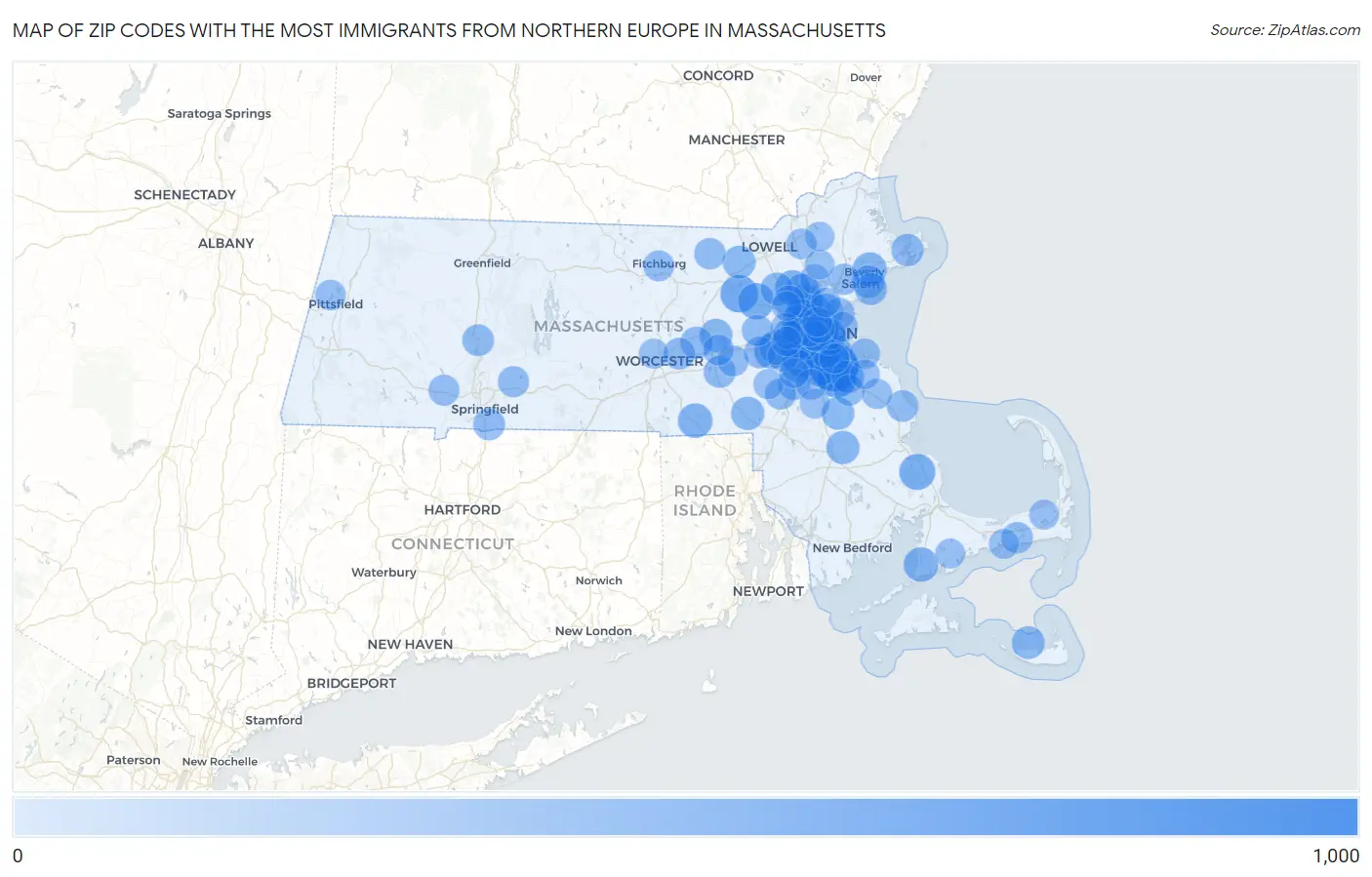 Zip Codes with the Most Immigrants from Northern Europe in Massachusetts Map