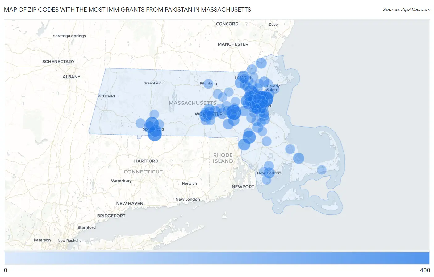 Zip Codes with the Most Immigrants from Pakistan in Massachusetts Map