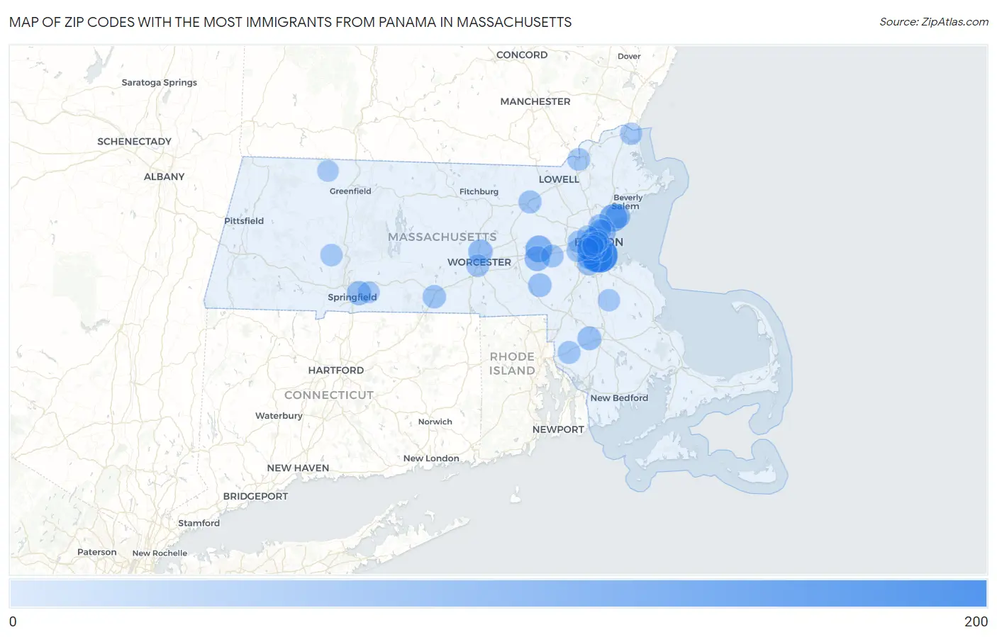 Zip Codes with the Most Immigrants from Panama in Massachusetts Map