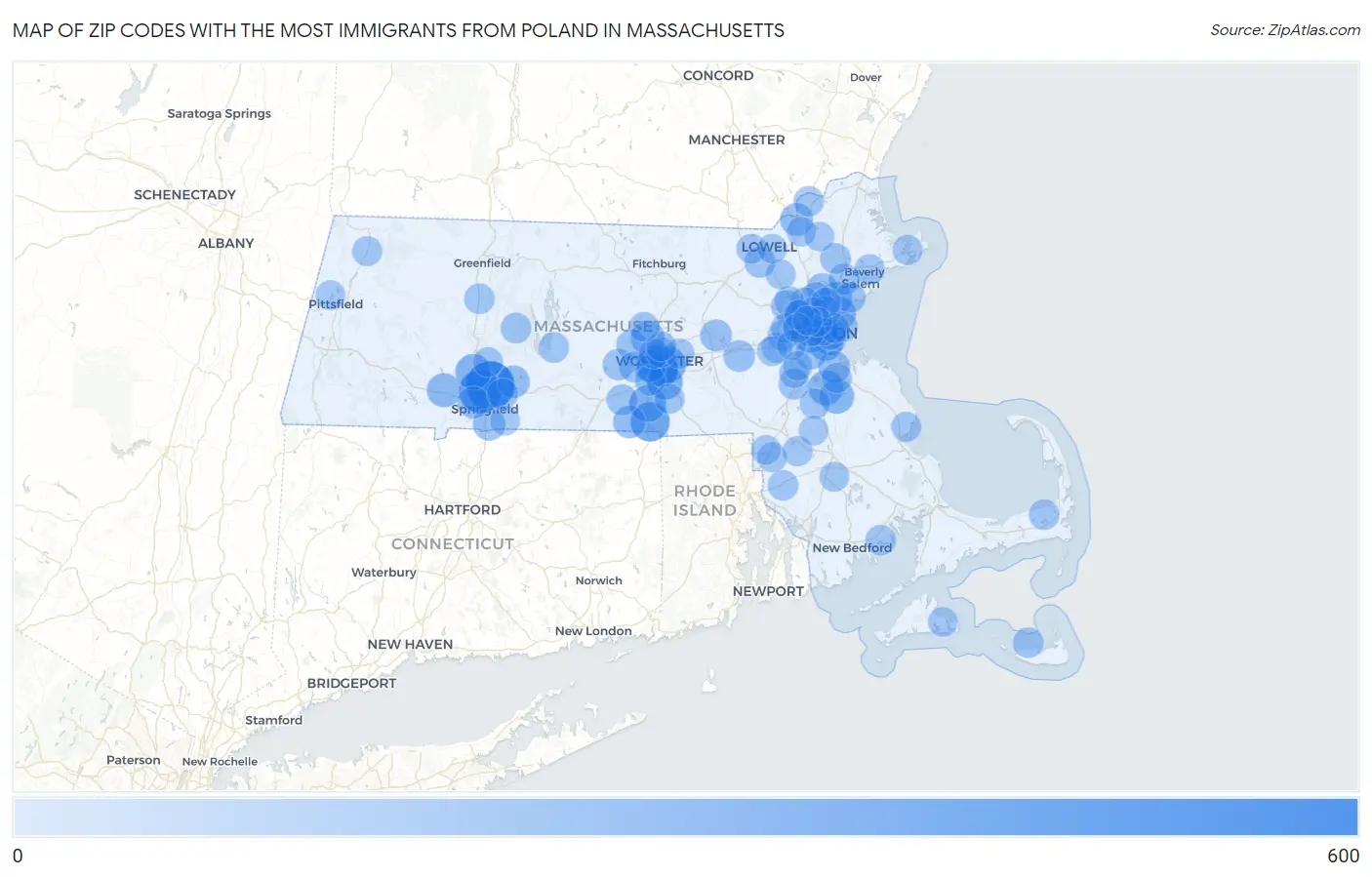 Zip Codes with the Most Immigrants from Poland in Massachusetts Map