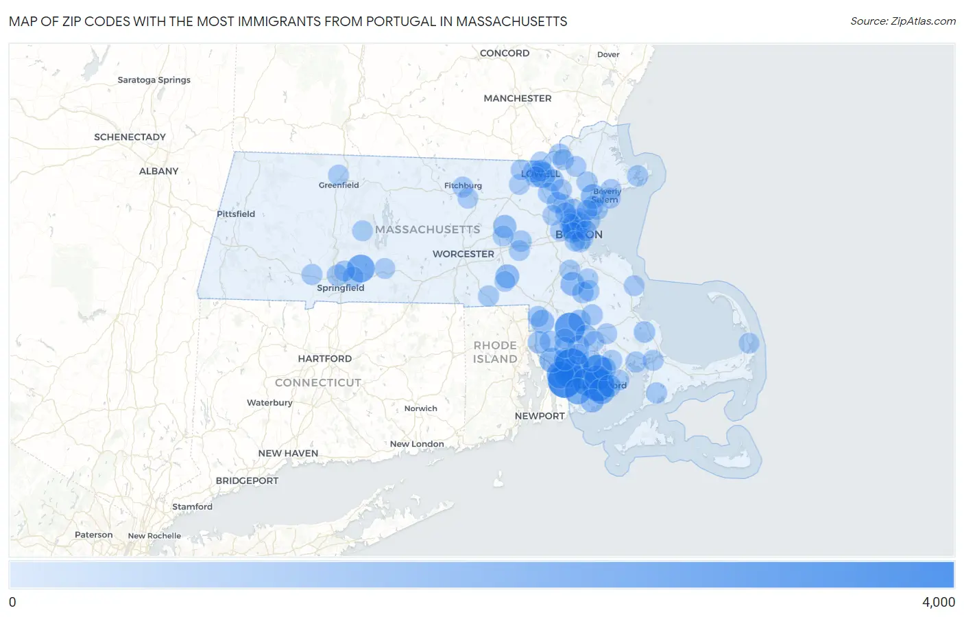 Zip Codes with the Most Immigrants from Portugal in Massachusetts Map