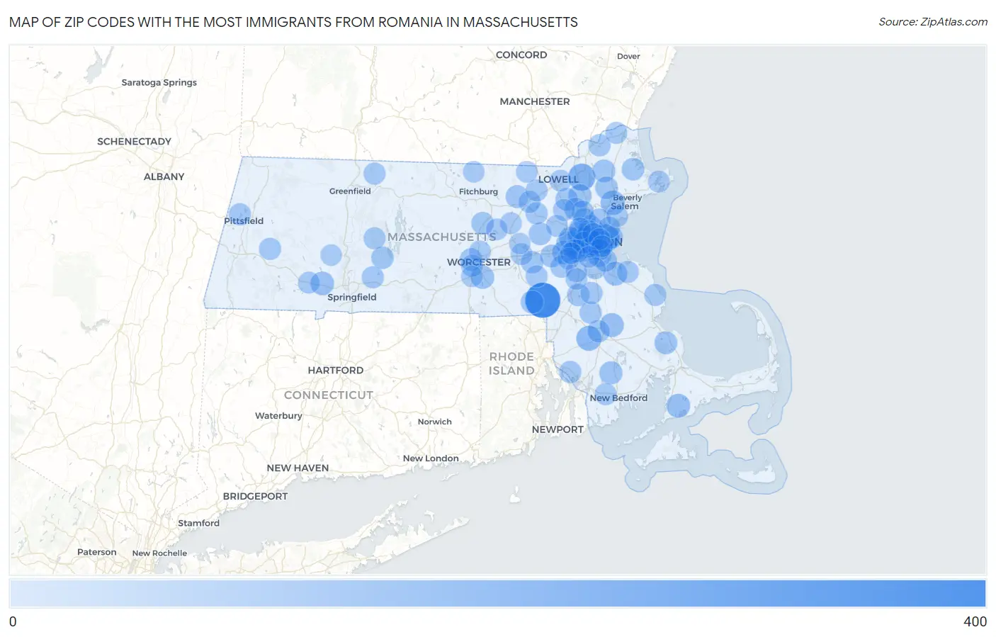 Zip Codes with the Most Immigrants from Romania in Massachusetts Map