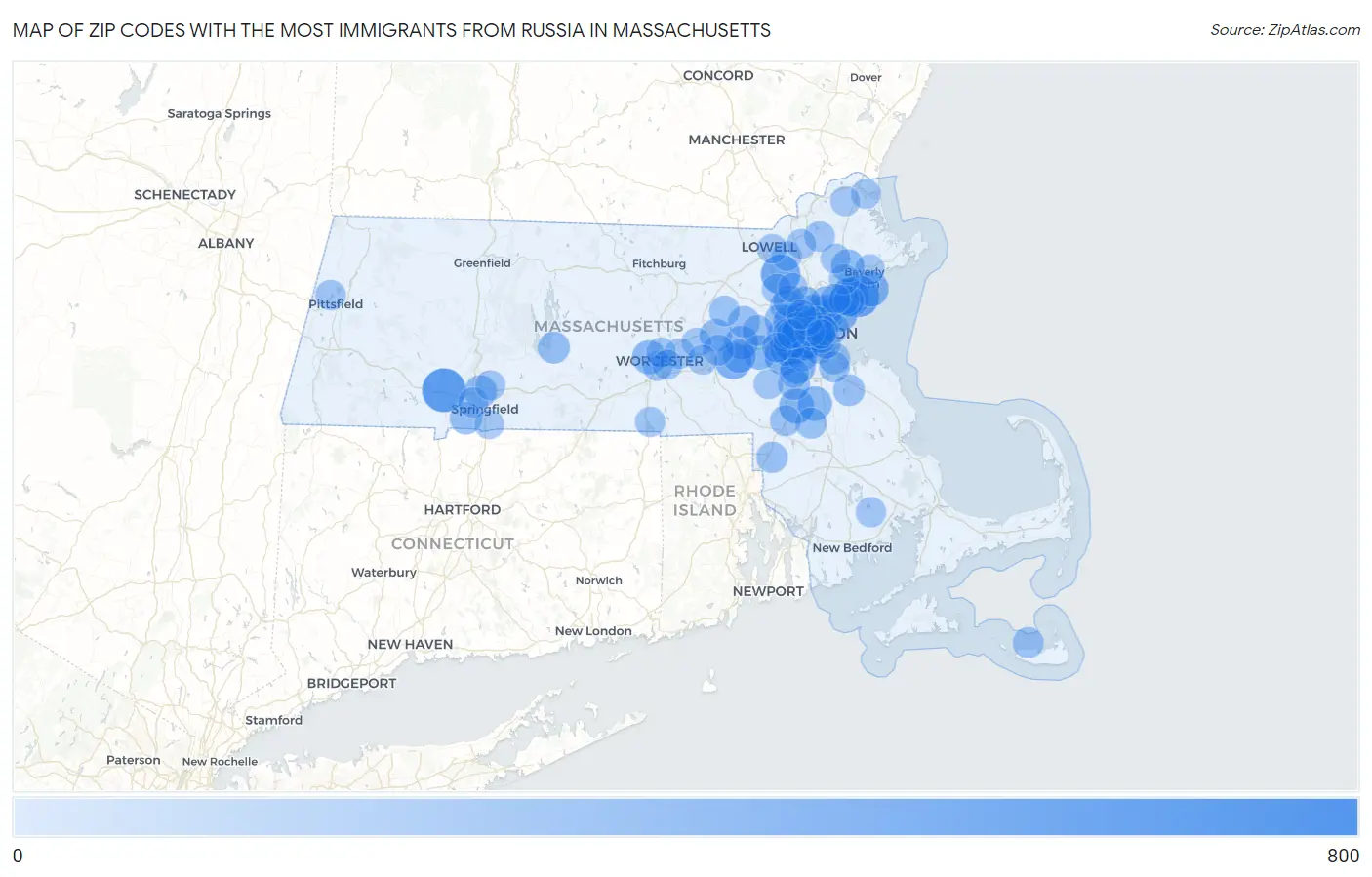 Zip Codes with the Most Immigrants from Russia in Massachusetts Map