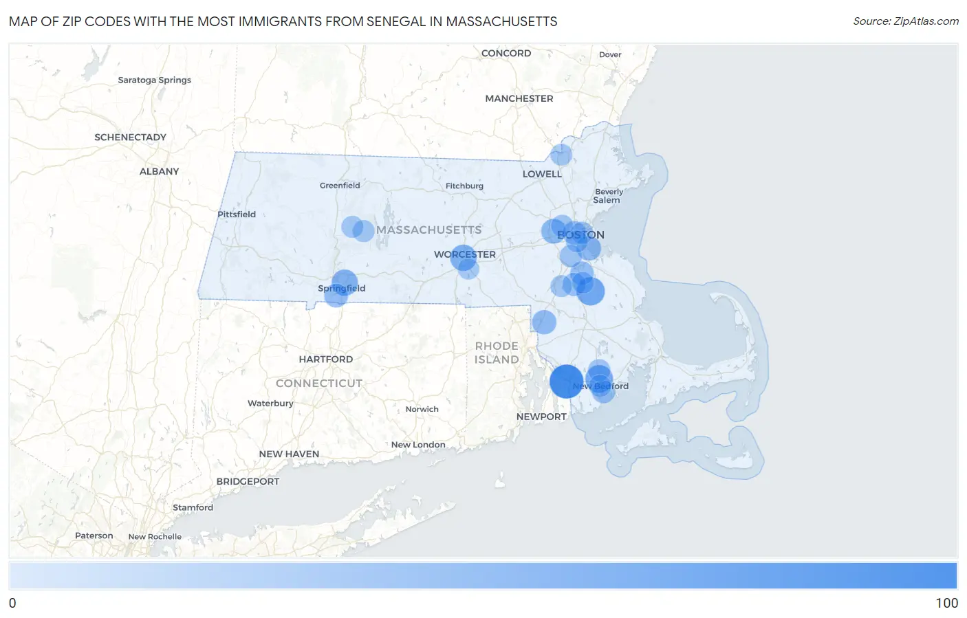 Zip Codes with the Most Immigrants from Senegal in Massachusetts Map