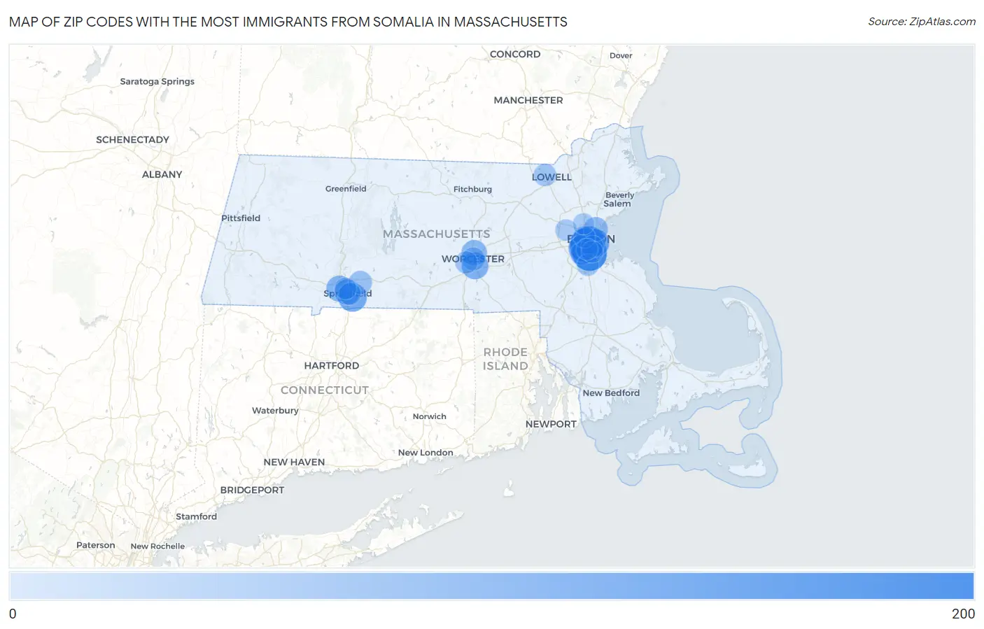 Zip Codes with the Most Immigrants from Somalia in Massachusetts Map
