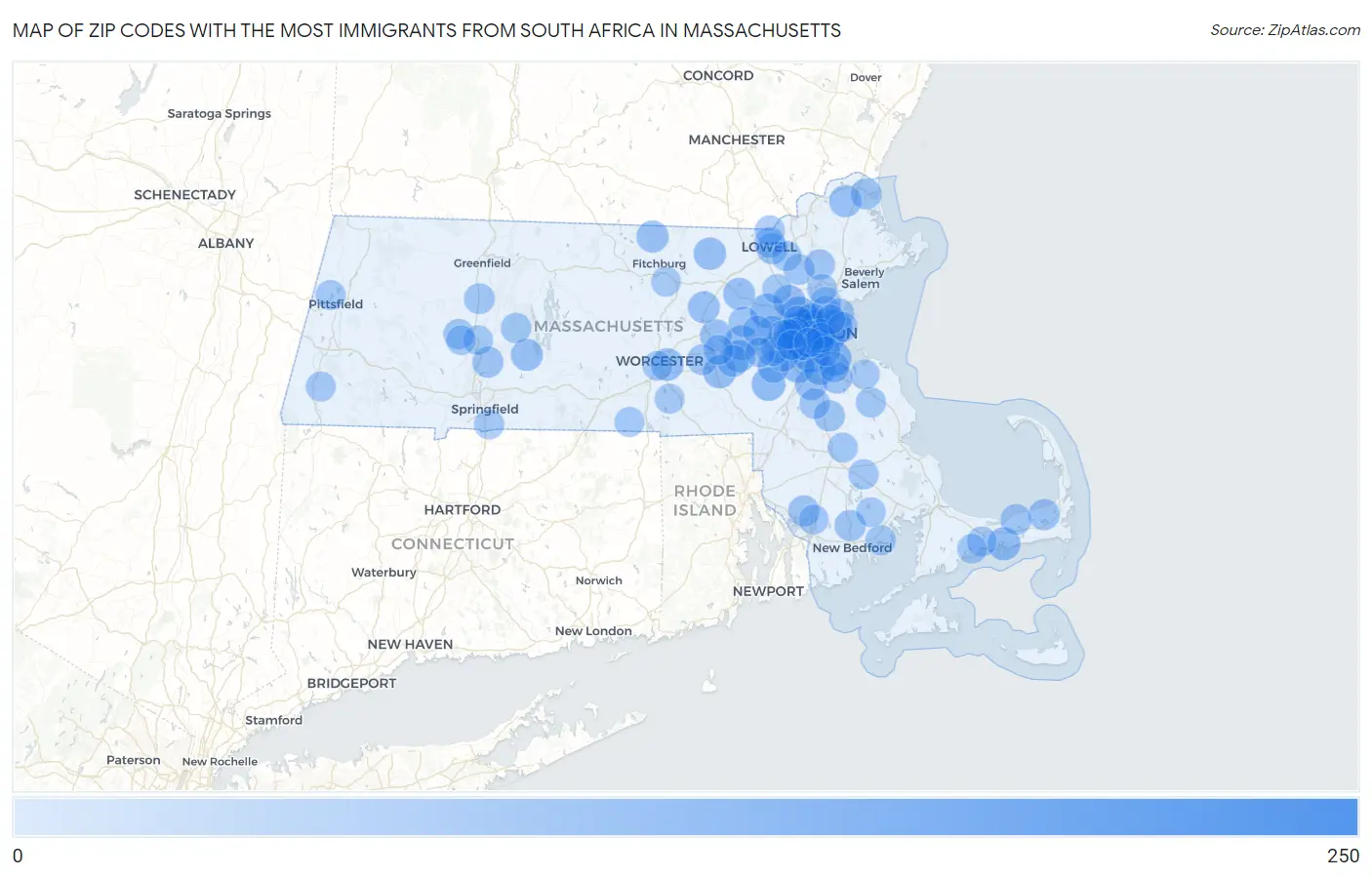 Zip Codes with the Most Immigrants from South Africa in Massachusetts Map