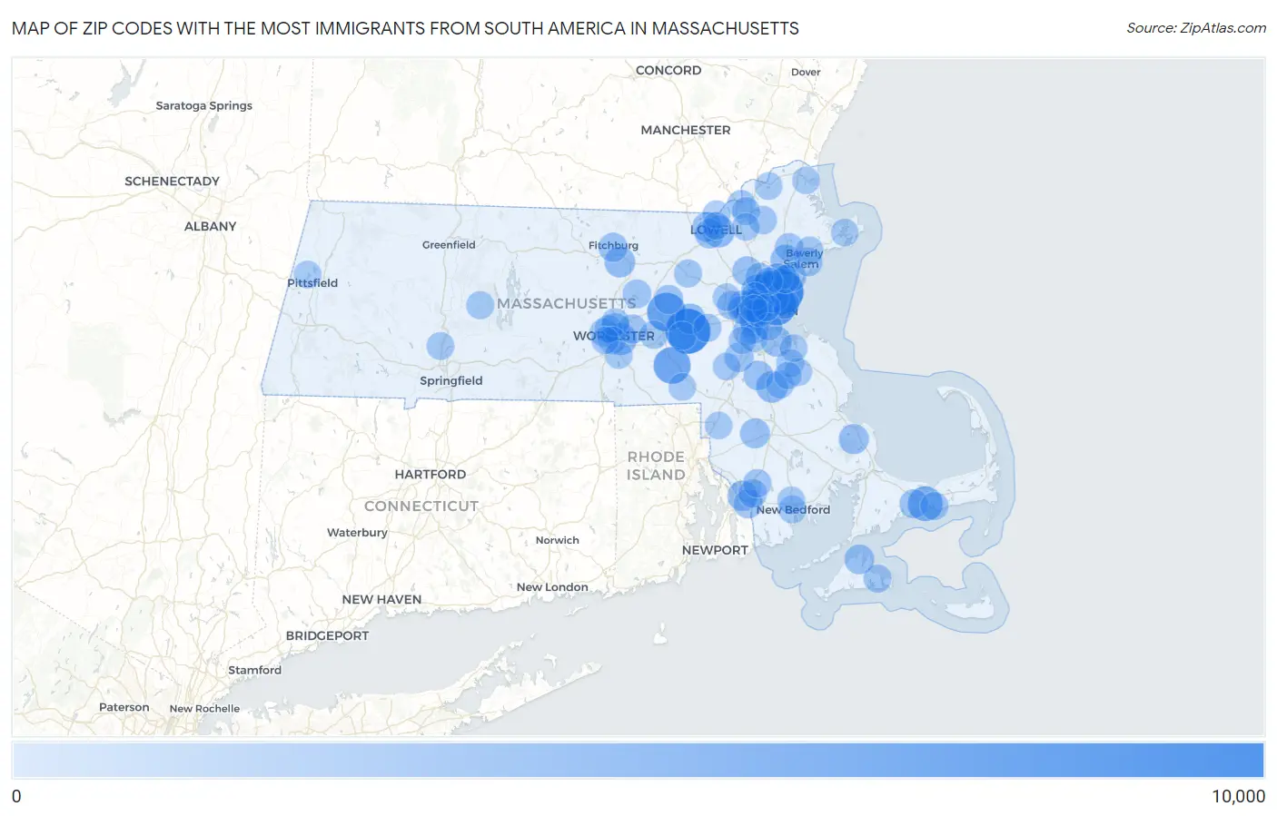 Zip Codes with the Most Immigrants from South America in Massachusetts Map
