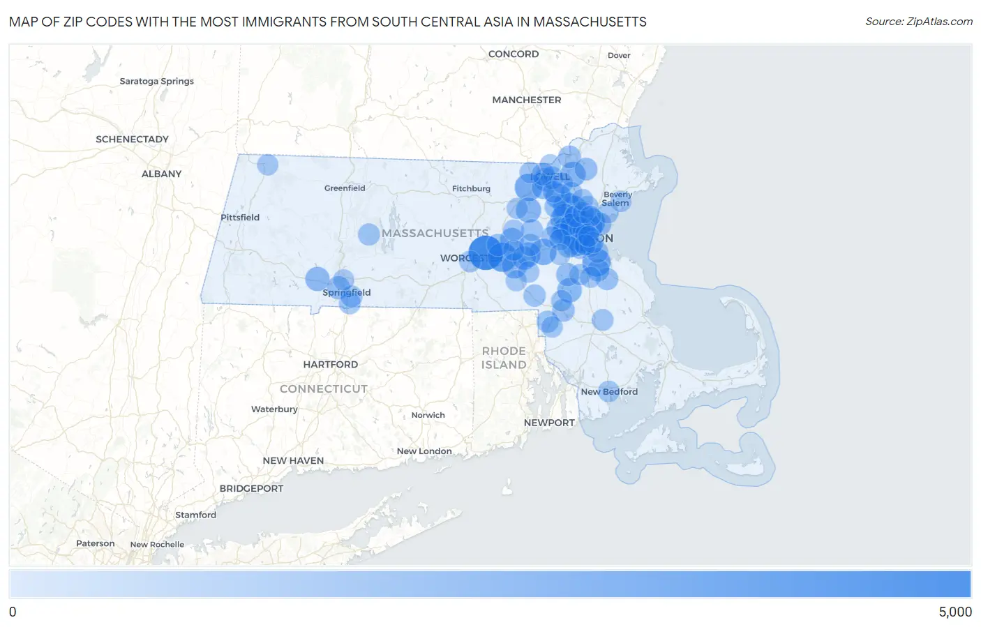 Zip Codes with the Most Immigrants from South Central Asia in Massachusetts Map