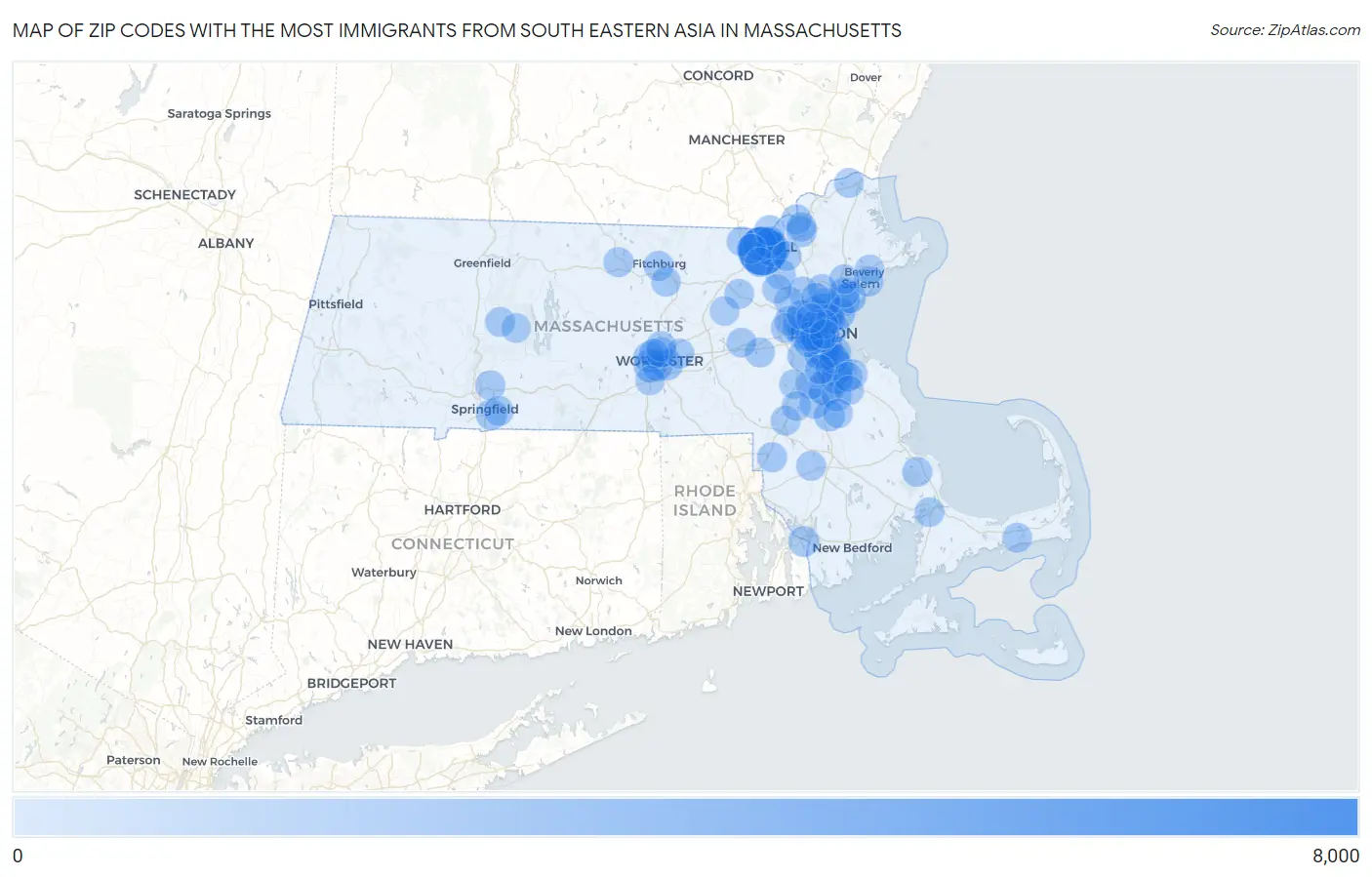 Zip Codes with the Most Immigrants from South Eastern Asia in Massachusetts Map