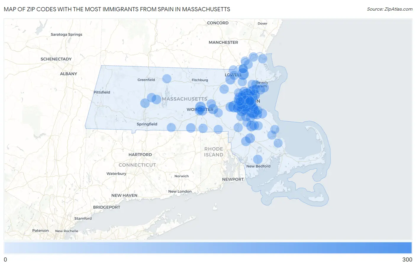 Zip Codes with the Most Immigrants from Spain in Massachusetts Map