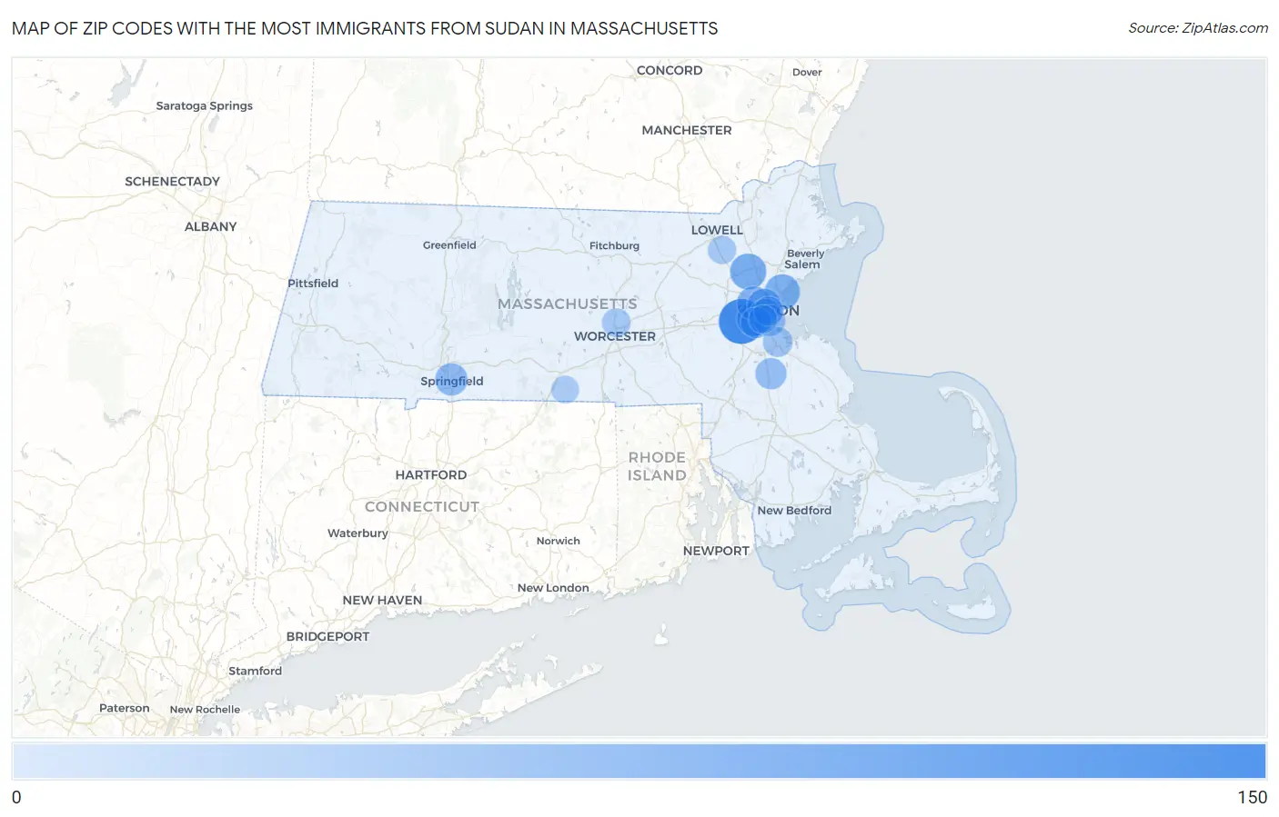 Zip Codes with the Most Immigrants from Sudan in Massachusetts Map