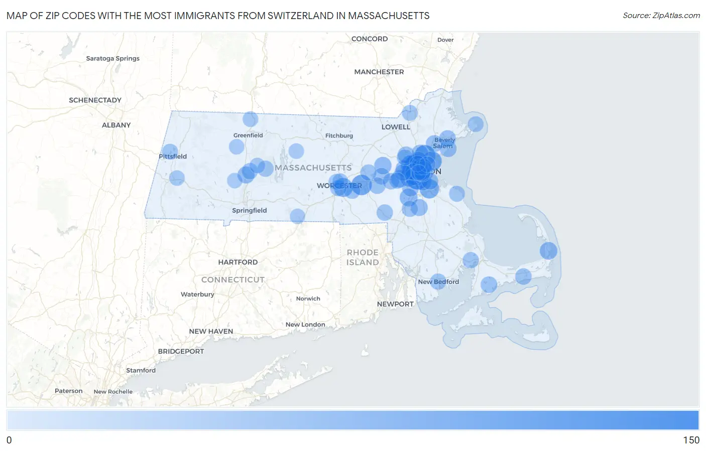 Zip Codes with the Most Immigrants from Switzerland in Massachusetts Map