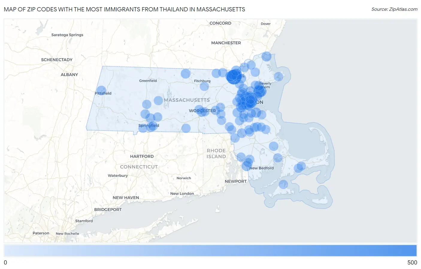 Zip Codes with the Most Immigrants from Thailand in Massachusetts Map