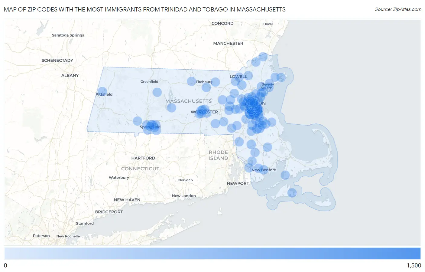 Zip Codes with the Most Immigrants from Trinidad and Tobago in Massachusetts Map