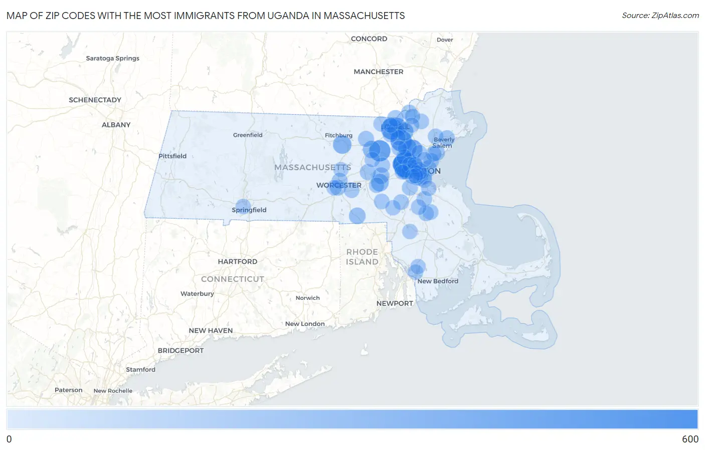 Zip Codes with the Most Immigrants from Uganda in Massachusetts Map