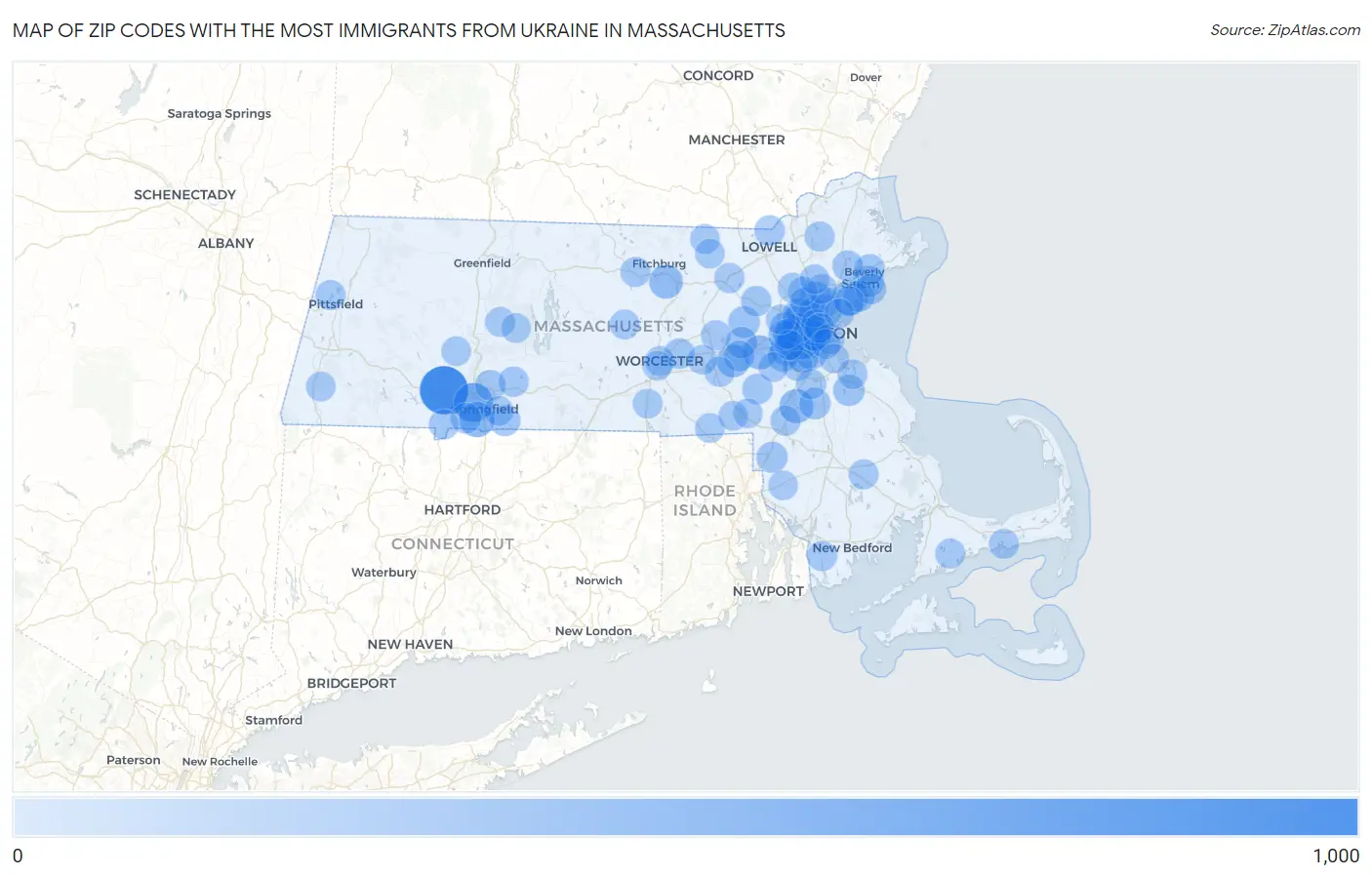 Zip Codes with the Most Immigrants from Ukraine in Massachusetts Map
