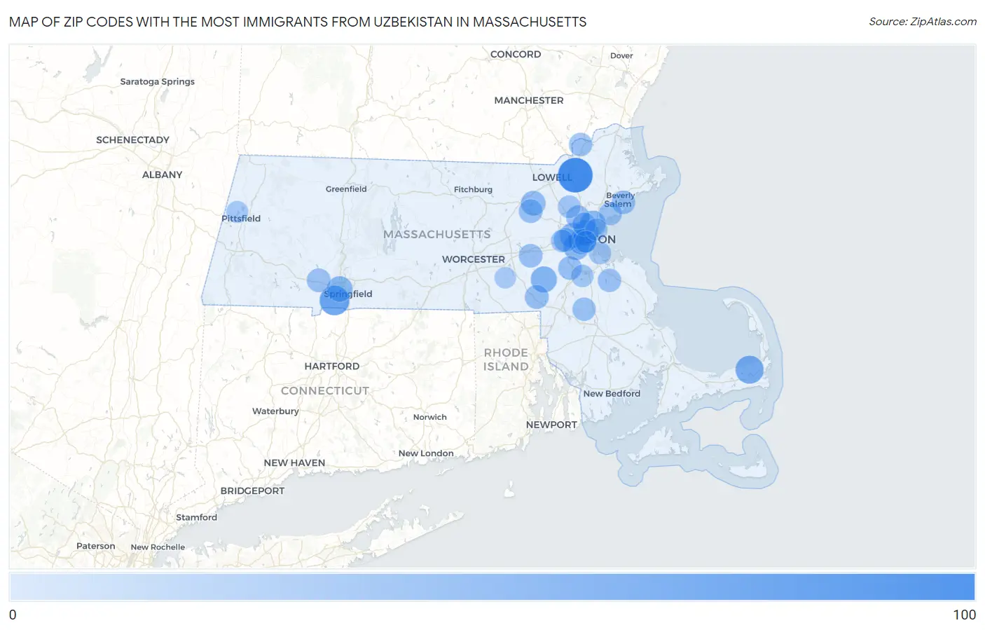 Zip Codes with the Most Immigrants from Uzbekistan in Massachusetts Map