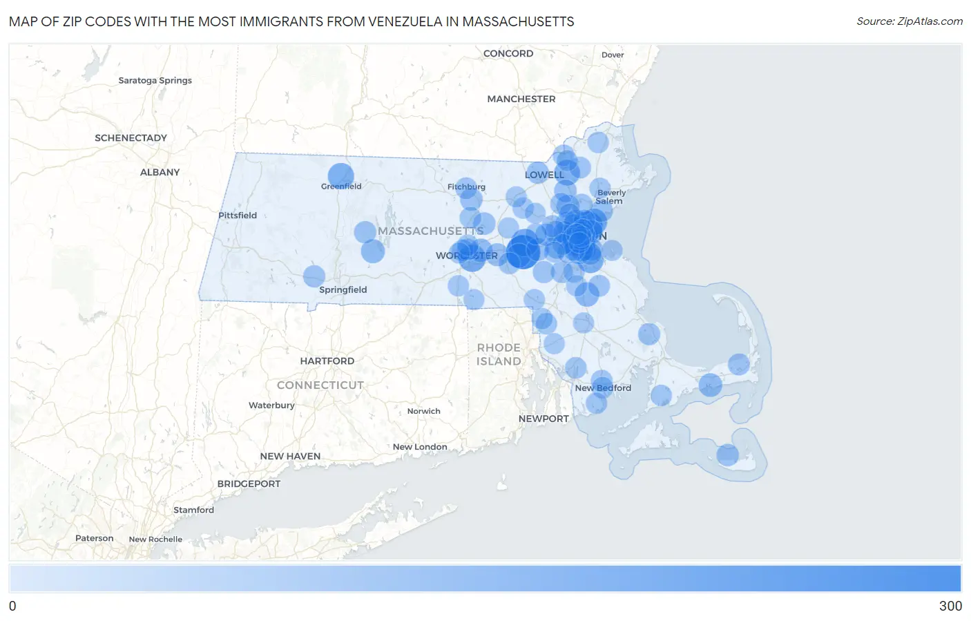 Zip Codes with the Most Immigrants from Venezuela in Massachusetts Map