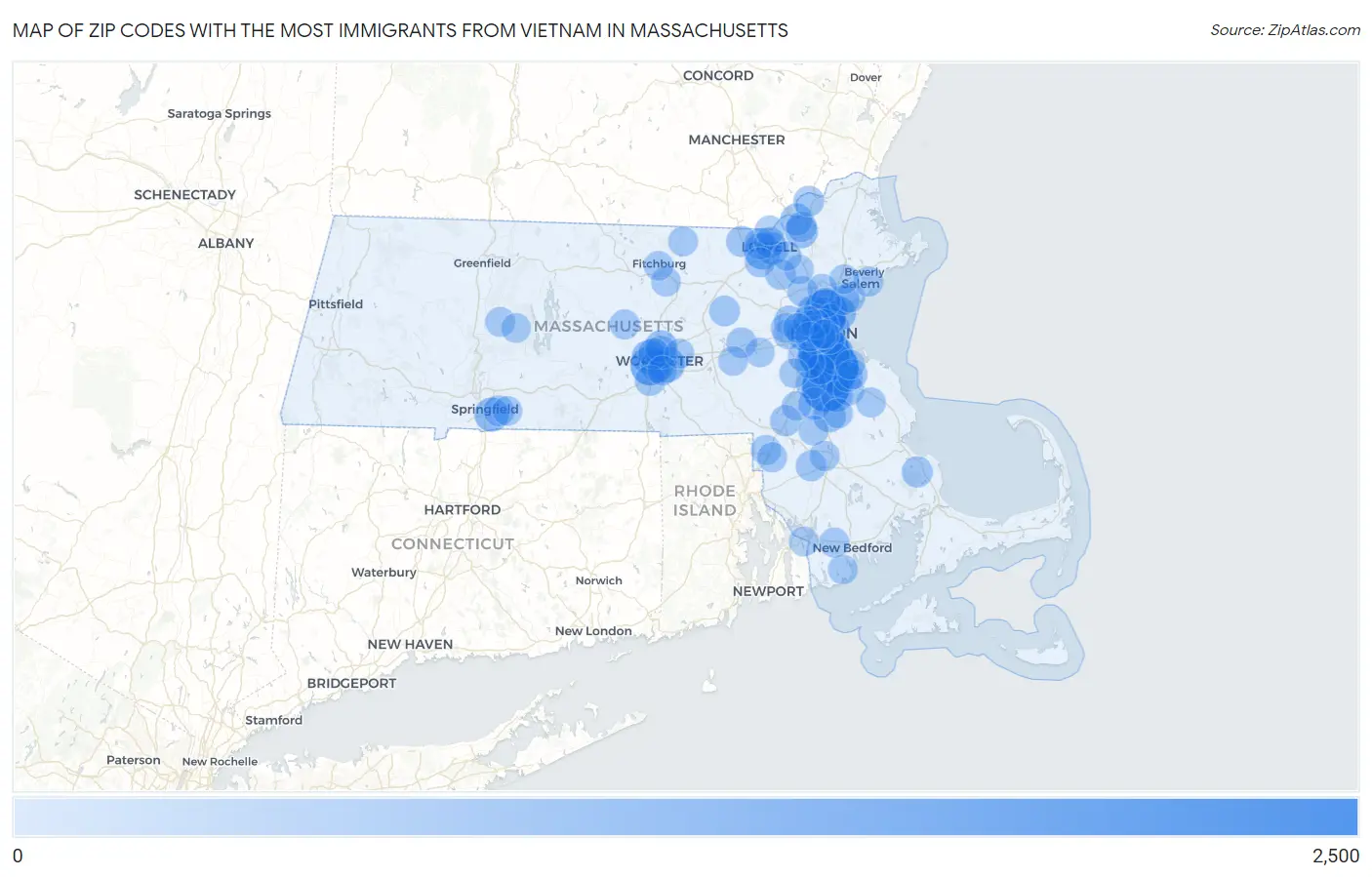 Zip Codes with the Most Immigrants from Vietnam in Massachusetts Map