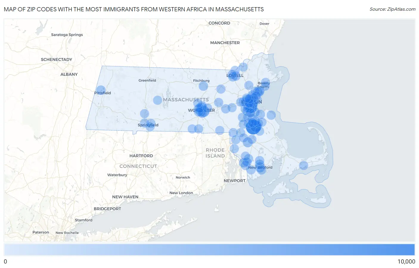 Zip Codes with the Most Immigrants from Western Africa in Massachusetts Map