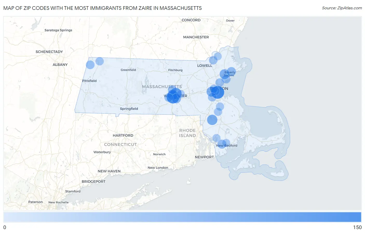 Zip Codes with the Most Immigrants from Zaire in Massachusetts Map