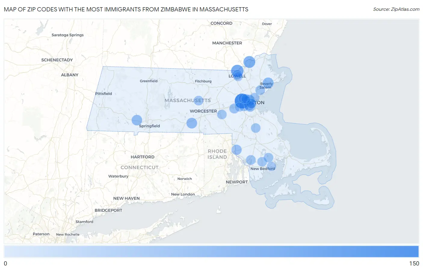 Zip Codes with the Most Immigrants from Zimbabwe in Massachusetts Map