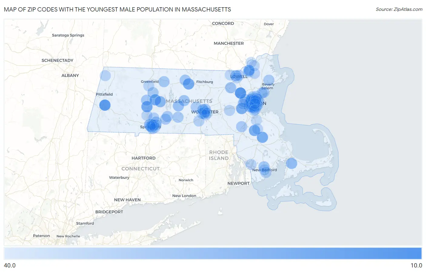 Zip Codes with the Youngest Male Population in Massachusetts Map