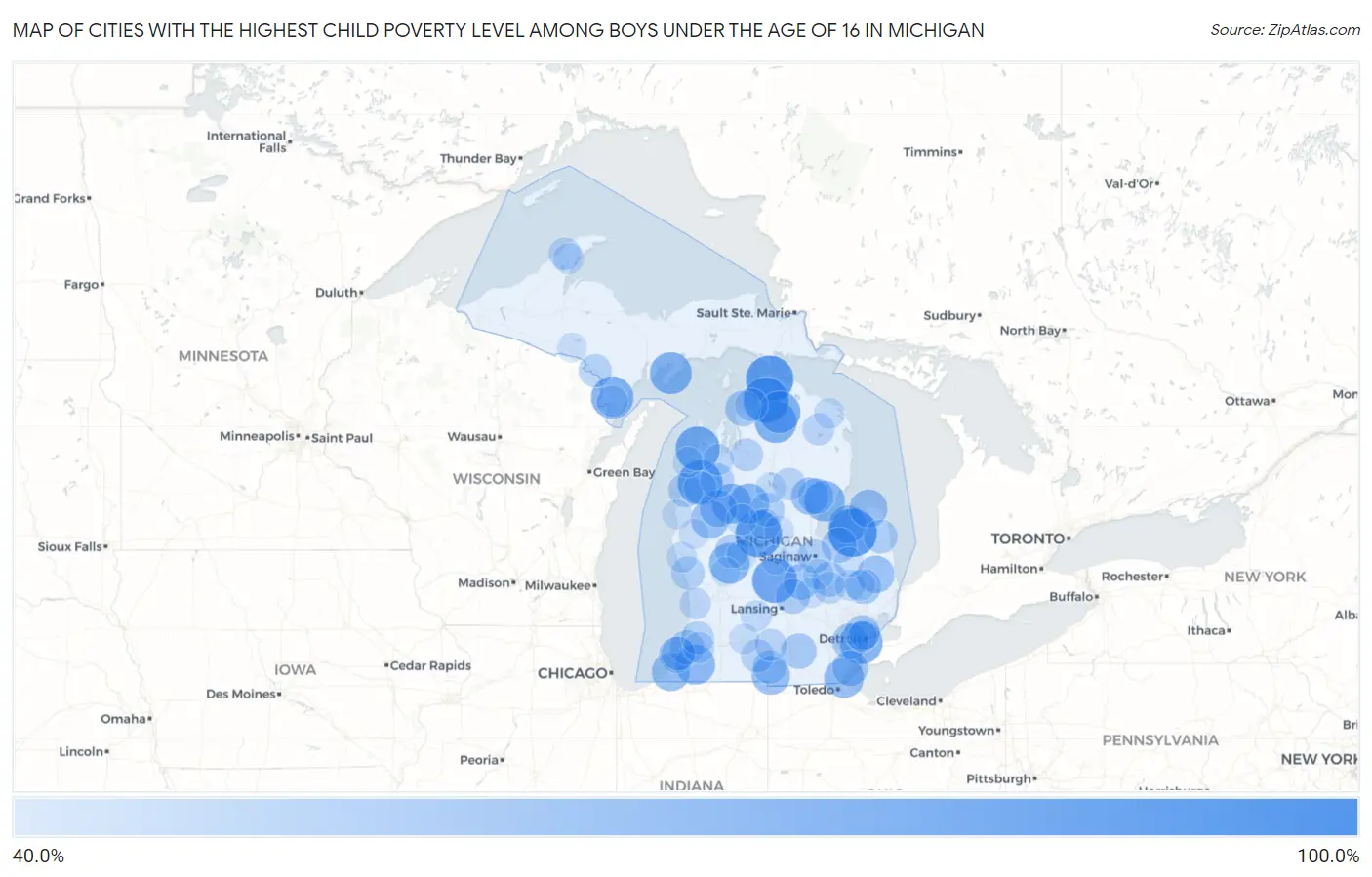 Cities with the Highest Child Poverty Level Among Boys Under the Age of 16 in Michigan Map