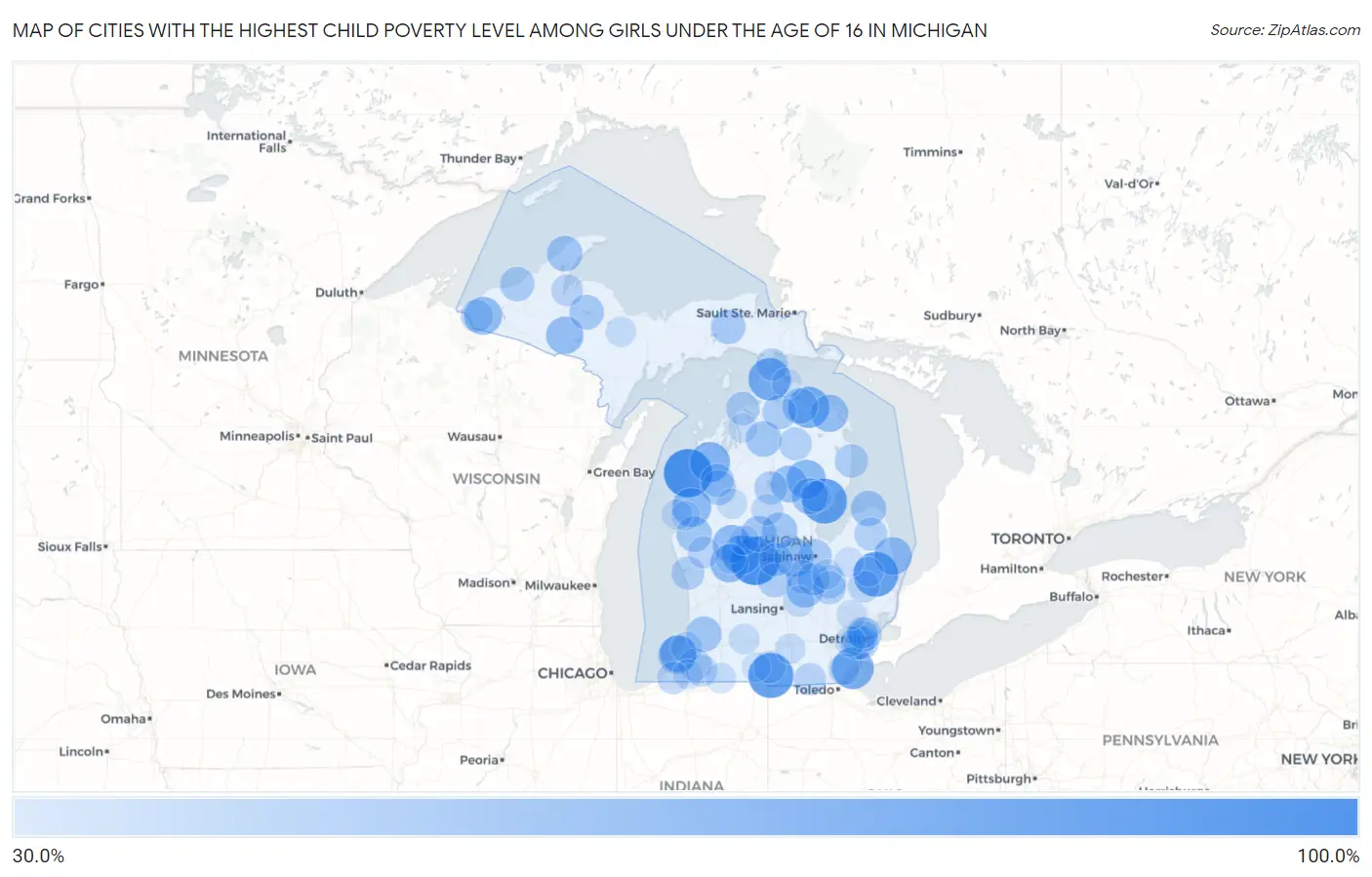 Cities with the Highest Child Poverty Level Among Girls Under the Age of 16 in Michigan Map