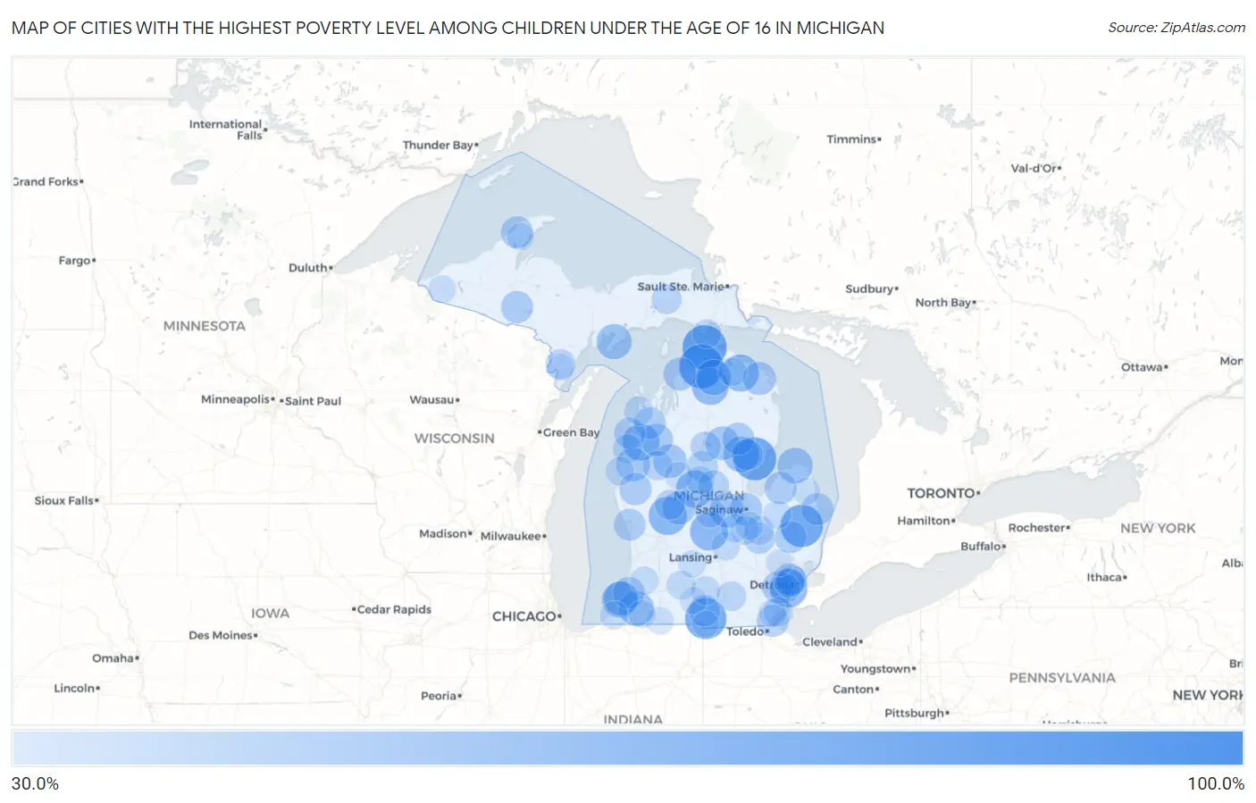 Cities with the Highest Poverty Level Among Children Under the Age of 16 in Michigan Map