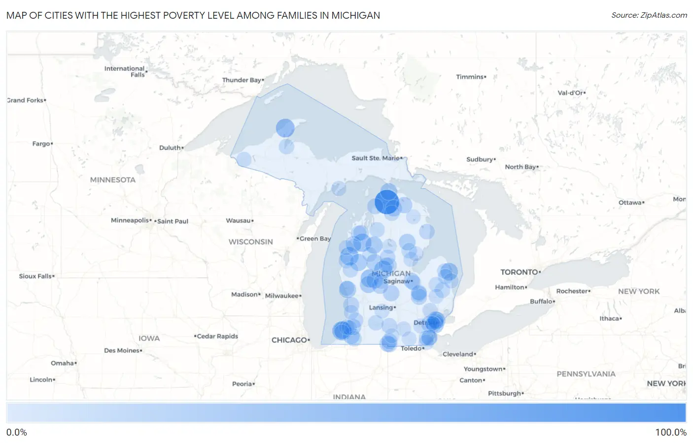 Cities with the Highest Poverty Level Among Families in Michigan Map